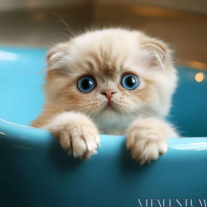 Fluffy Kitten with Blue Eyes Peeking Out AI Image