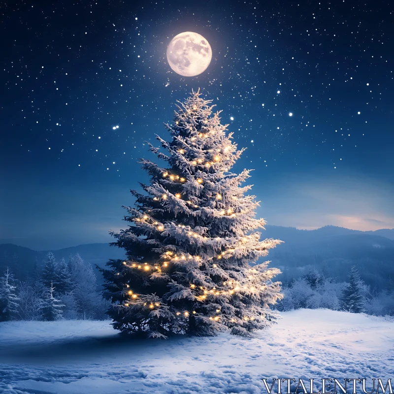 AI ART Moonlit Christmas Tree in Snowy Landscape