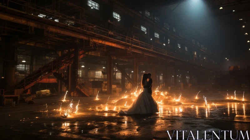 Ethereal Wedding Scene in Industrial Setting Aflame AI Image