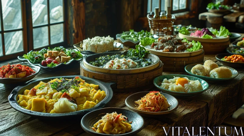 Exquisite Chinese Cuisine on a Rustic Wooden Table AI Image