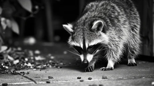 Glimpse into the World of Wildlife: Captivating Grayscale Photo of a Raccoon Sniffing Bird Seed