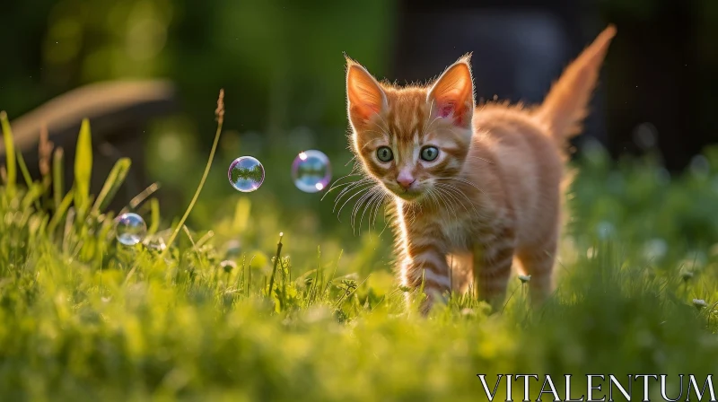 Majestic Orange Kitten on Green Grass Field with Soap Bubbles AI Image