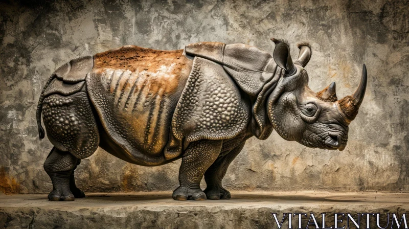 Majestic Rhinoceros on Stone Platform against Grey Stone Wall AI Image