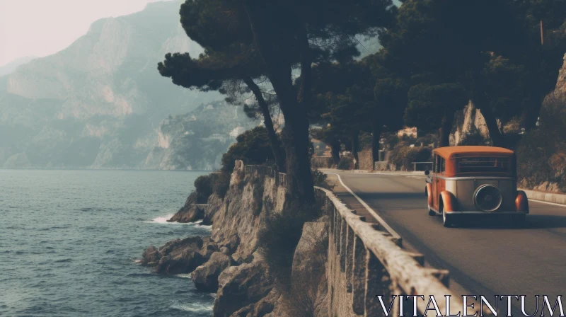 Orange Vintage Van Driving Along Road Towards Ocean - Italian Landscapes AI Image
