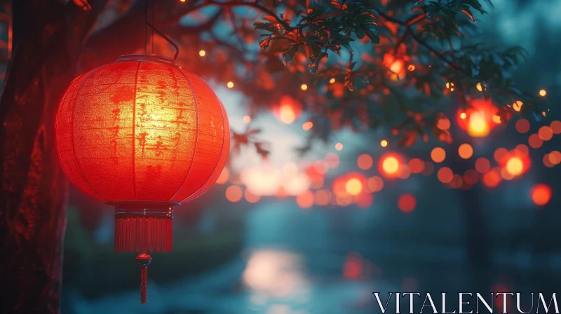 AI ART Red Paper Lantern Illuminating Tree Branch | Chinese Street Background