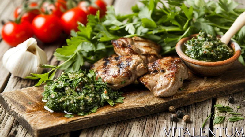 Savory Delights: Grilled Meat, Tomatoes, and Garlic on a Wooden Cutting Board AI Image