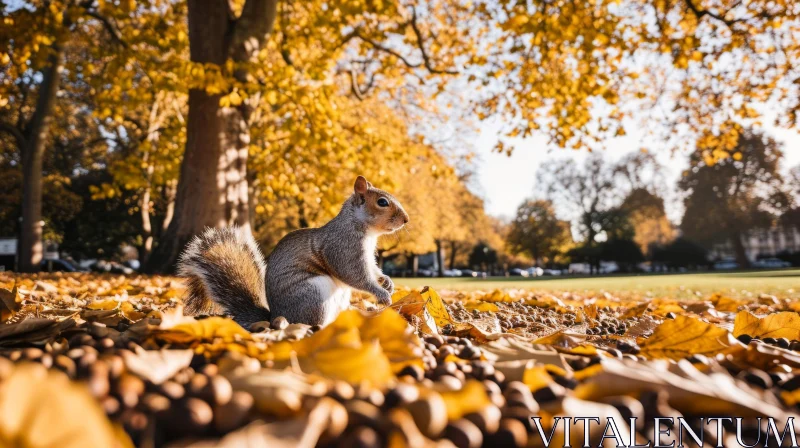 Squirrel on Fallen Leaves and Nuts in a Park | Nature Photography AI Image
