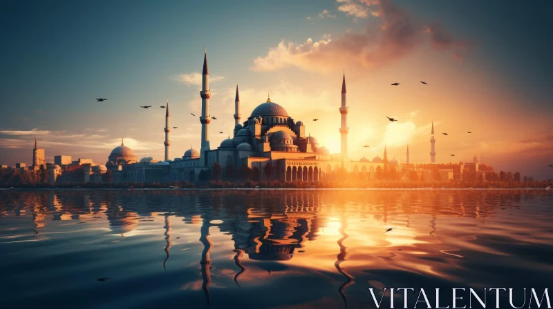 Sunset Mosque Landscape: Tranquil Waterfront Scene AI Image