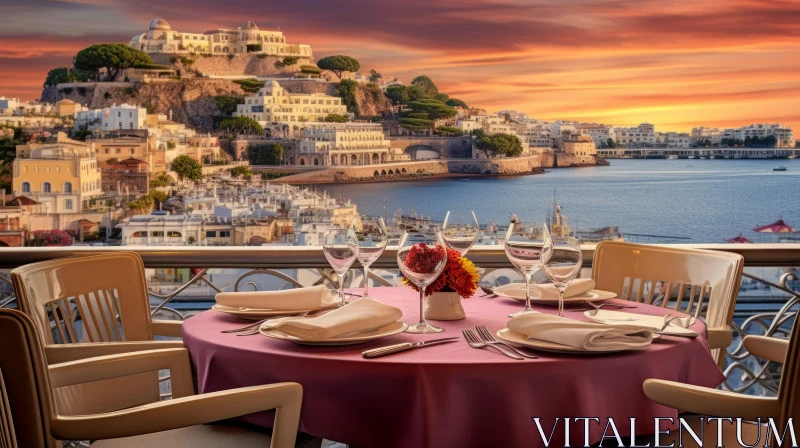 Table at Sunset: Majestic Ports and Captivating Harbor Views AI Image