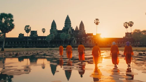 Tranquil Sunset in Cambodia: Monks Reflecting on the Water