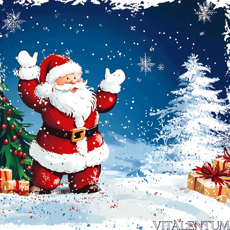 Festive Santa Claus with Snowflakes and Gifts AI Image