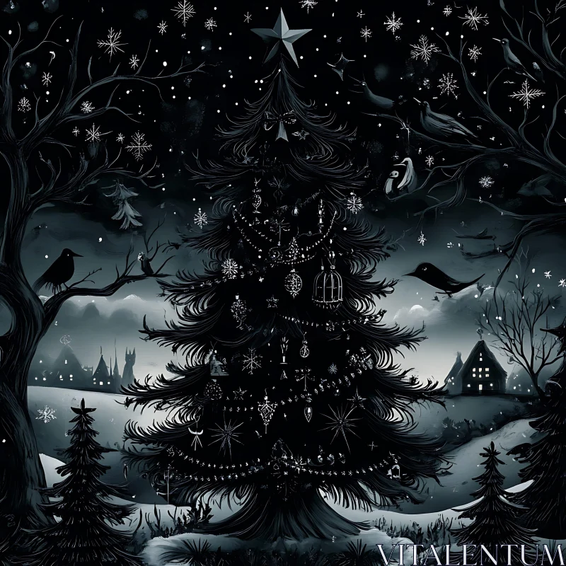 Eerie Christmas Scene with Dark Winter Tree AI Image