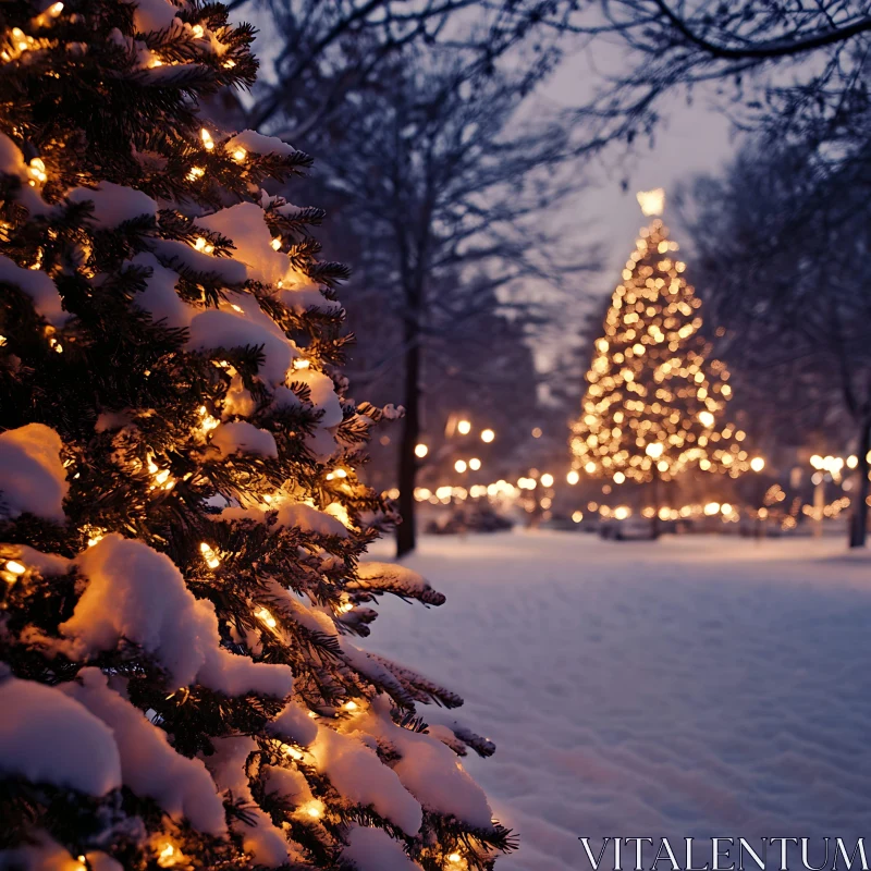 Twinkling Christmas Lights in Snowy Park AI Image