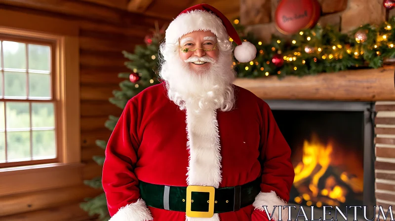 Festive Santa Claus by the Fireplace in a Log Cabin AI Image