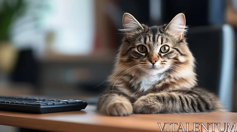 Adorable Cat Resting on Office Desk AI Image