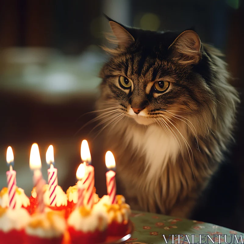 AI ART Cat's Intense Gaze at Birthday Cupcakes