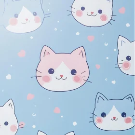 Cute Kawaii Cat Faces and Heart Pattern Illustration