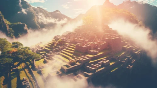 Aerial View of Machu Picchu: Golden Light and Mist