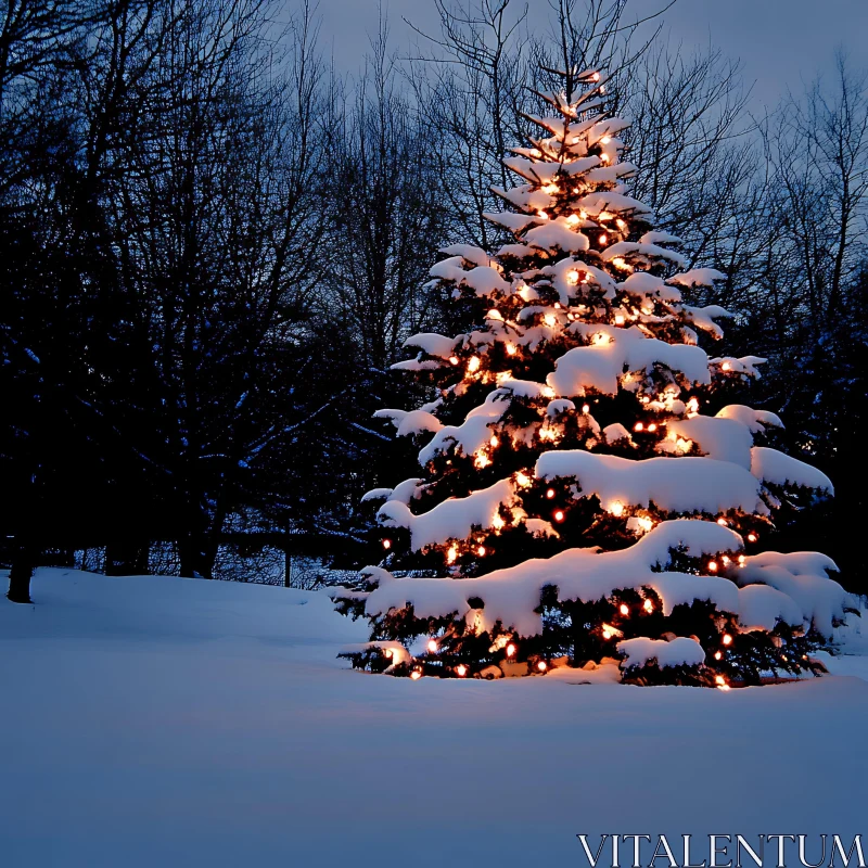 Festive Tree in Snowy Landscape AI Image