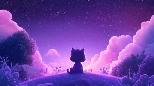 Cute Cartoon Under Purple Starry Sky