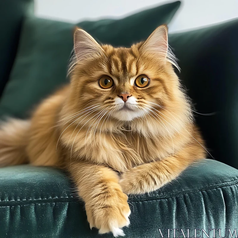 Cute Fluffy Cat Resting on a Plush Couch AI Image