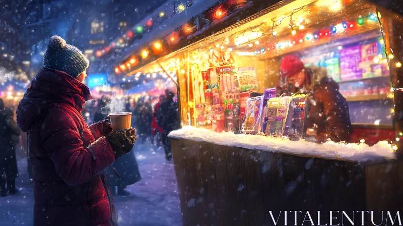 Snowy Evening at a Christmas Market Food Stall AI Image