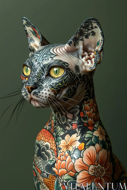 Tattooed Sphinx Cat - Floral Elegance AI Image