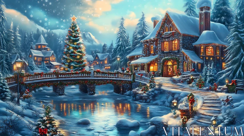 Charming Snowy Christmas Village with Holiday Lights AI Image