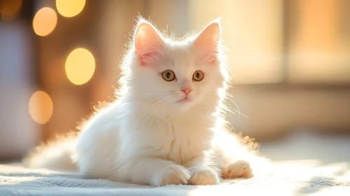 Fluffy White Kitten in Warm Sunlight