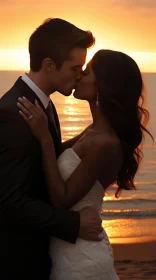 Beautiful Bride and Groom Kissing at Sunset - Beach Wedding Portrait