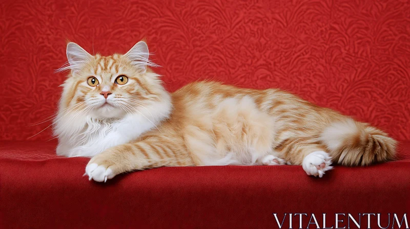 Elegant Orange Cat Portrait on Red Fabric AI Image