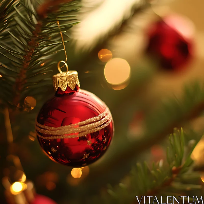 Festive Red Ornament on Pine Tree AI Image