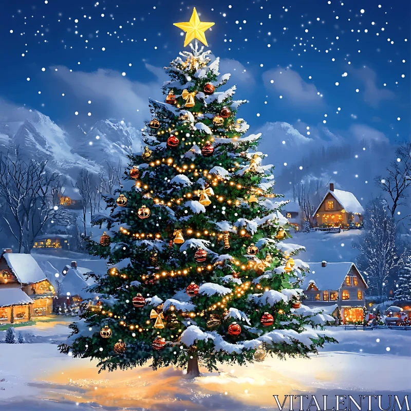 Festive Holiday Scene with Illuminated Christmas Tree AI Image