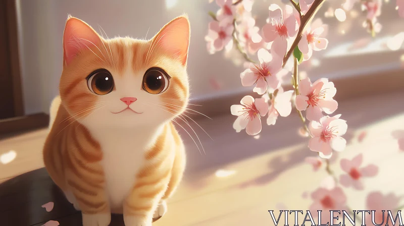 Cute Kitten with Pink Blossoms AI Image