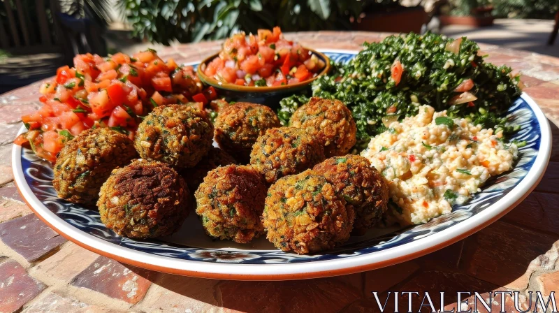 AI ART Exquisite Food Platter with Falafel, Hummus, Tabbouleh, and Tomato Salad