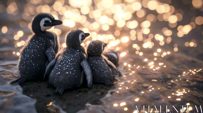 AI ART Four Penguins on the Shore of a Reflective Body of Water