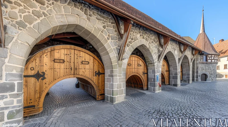 Historical Building with Wooden Doors and Stone Structure AI Image