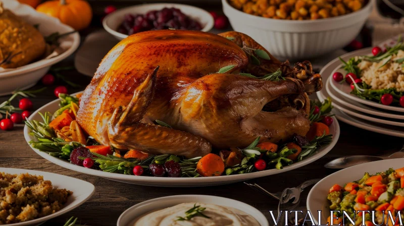 Indulge in a Bountiful Thanksgiving Feast with Roasted Turkey and All the Trimmings AI Image