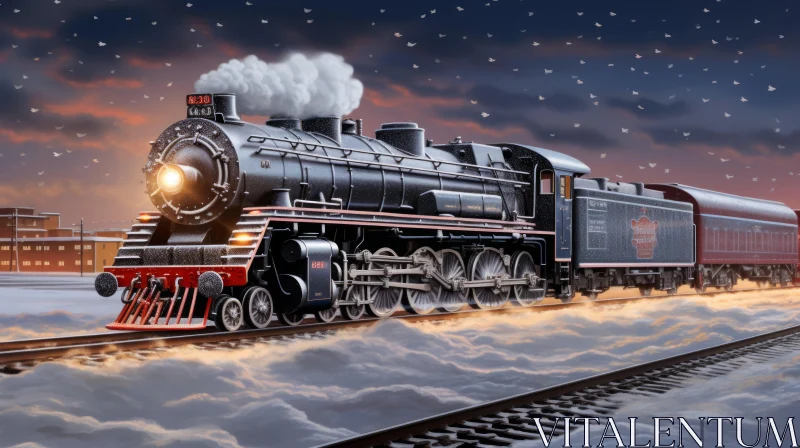 Majestic Black Train in Snow | Historical Dreamlike Illustration AI Image