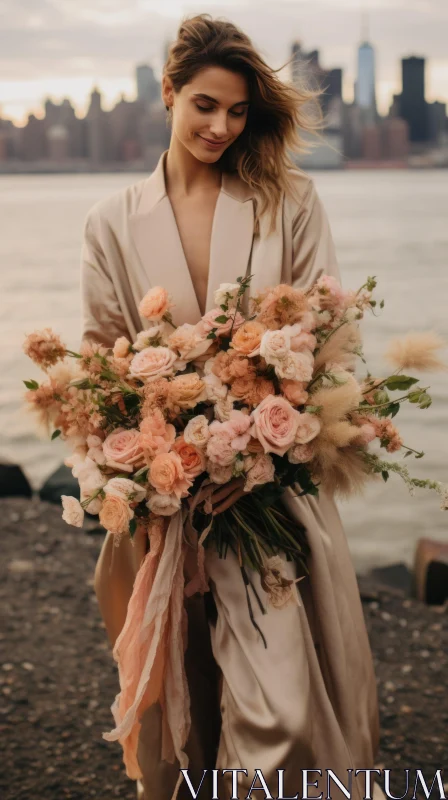 Model with Bouquet by the River - An Atmospheric New York Seascape AI Image
