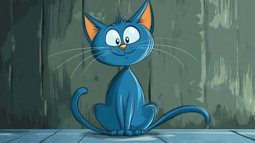 Adorable Blue Cartoon Cat Sitting Against Green Wall