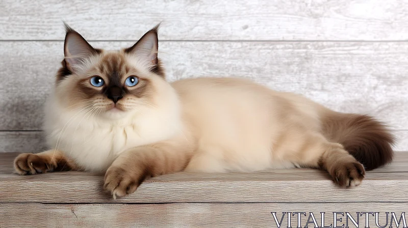 Blue-Eyed Cat Lounging on Wooden Background AI Image