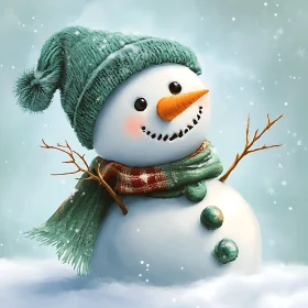 Happy Snowman with Carrot Nose and Cozy Winter Clothing