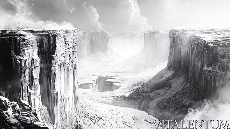 Black and White Canyon Scene with Misty Valleys AI Image