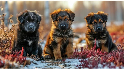 Adorable Puppies in Snowy Field - Curious German Shepherds