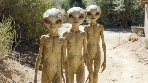 Alien Encounter: Mysterious Extraterrestrial Beings in Desert Landscape