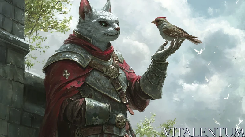 Medieval Cat Warrior with Bird AI Image