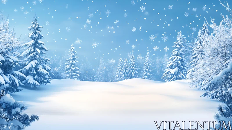 AI ART Winter Wonderland: Snowy Forest with Falling Snowflakes