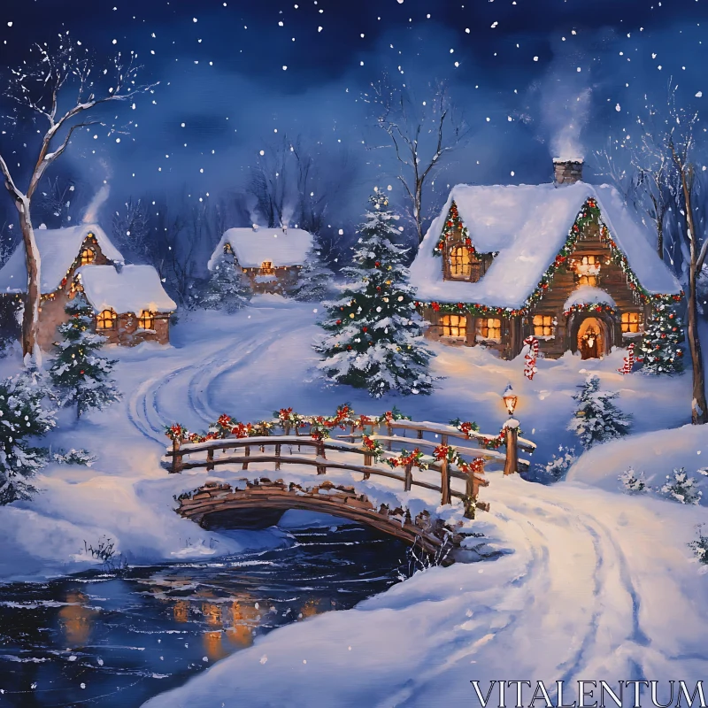 Christmas Eve in a Snow-Covered Village with Decorated Bridge AI Image