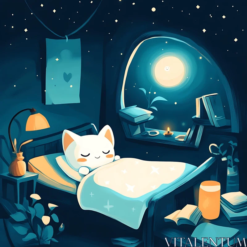 Peaceful Cat in Cozy Bedroom - Nighttime Cartoon Art AI Image